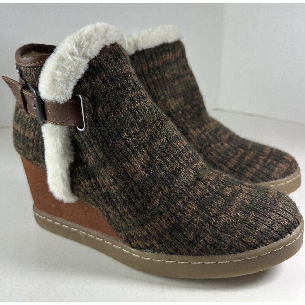 New Muk Luks Anne Marie Wedge Boots Brown Marl Ankle Buckle Shoes Faux Fur Sz 10 - Picture 4 of 13
